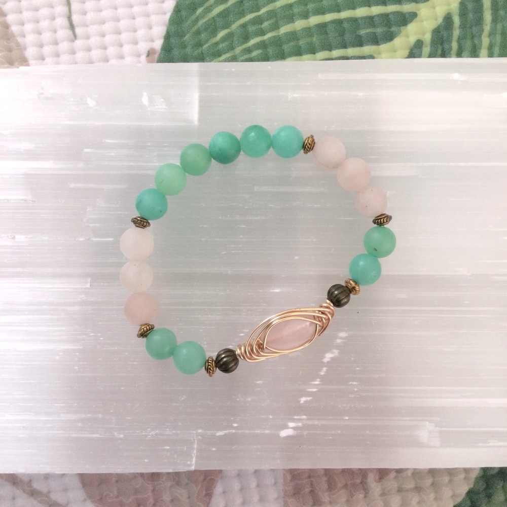 Rose quartz evil eye and hemimorphite gem bracelet